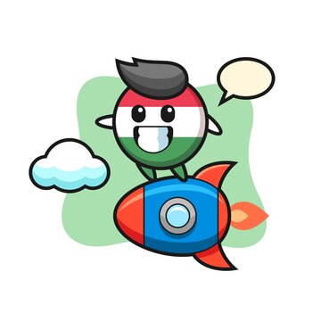 hungary flag badge mascot character riding a rocket