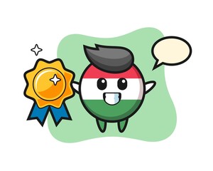 hungary flag badge mascot illustration holding a golden badge