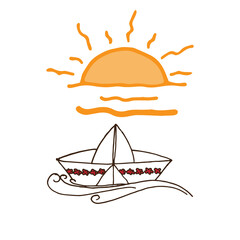 sailboat with sunlight. nature background. holiday icon. paper sailboat. hand drawn vector. beautiful seascape. doodle art for logo, label, cover, poster, banner, advertising, clipart, sticker. 