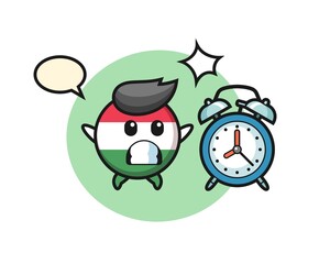 Cartoon Illustration of hungary flag badge is surprised with a giant alarm clock