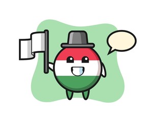 Cartoon character of hungary flag badge holding a flag