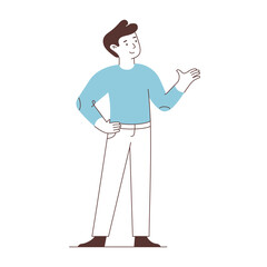 Man points with his hand. Business presentation. Line art vector illustration