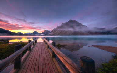 A foggy morning at Bow lake, Canadian Rockies, Alberta, Canada