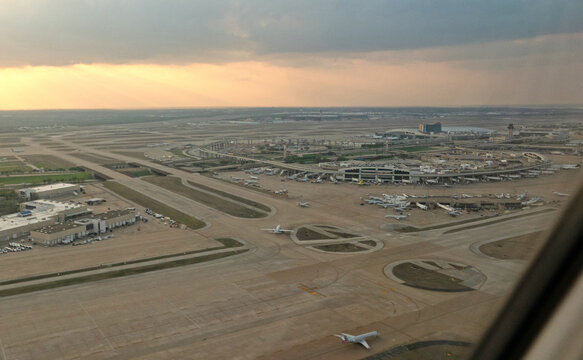 Aerial view of terminal and runway at Dallas Fort Worth airport