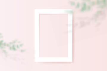 White square empty picture frame with Tree branch on Peach pastel color wall. 3d Vector illustration