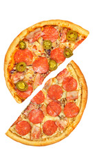 Pizza, two halves isolated on a white background. Versus concept. Appetizing pizza.