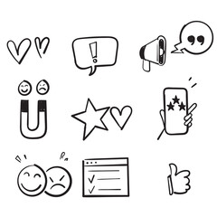 hand drawn doodle set of feedback icons, research, comment, review, customer, survey, social media isolated background © Gwens graphic studio