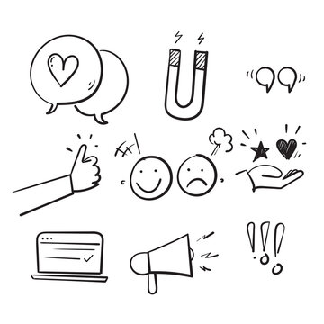 hand drawn doodle set of feedback icons, research, comment, review, customer, survey, social media isolated background