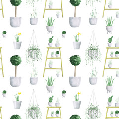 Watercolor potted plants seamless pattern on a white background. Hand-drawn home flowers in pots on wooden stand endless print. Aloe, bonsai, cactus print. 