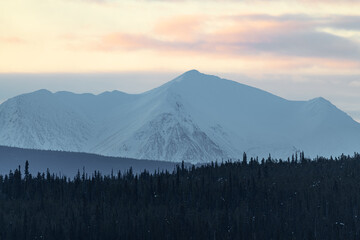 A stunning winter wilderness landscape in northern Canada during spring time weather with pink sunset and snow covered peaks, dense woods and forest. 