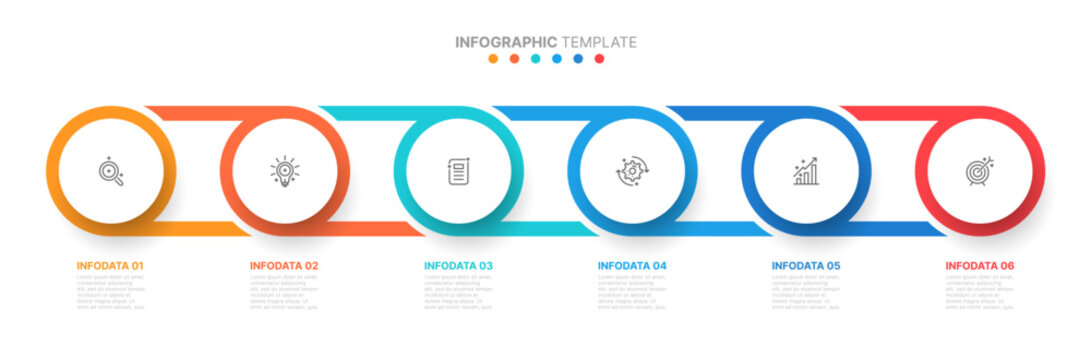 Timeline infographic template with Connection circles shape. Business concept with 6 steps, icons or options. Vector illustration. Can be used for workflow diagram, presentation, brochure.