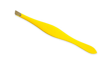 yellow women's cosmetic tweezers metal for plucking eyebrows on isolate white background
