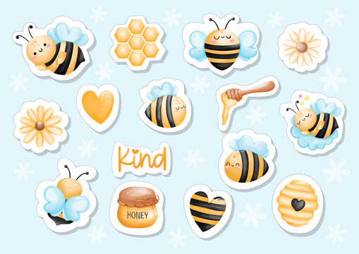 Watercolor Honey bee sticker, Digital paint vector illustration. 