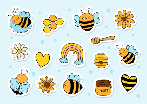 Watercolor Honey bee sticker, Digital paint vector illustration. 