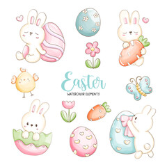 Happy Easter day with cute bunny and Easter eggs. Vector Illustration 