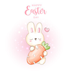 Happy Easter day with cute bunny and Easter eggs. Vector Illustration 