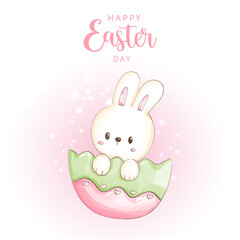 Happy Easter day with cute bunny and Easter eggs. Vector Illustration 