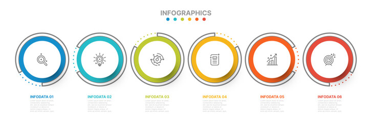Presentation business infographic template with 6 options, linear, marketing icons. Vector illustration. Can be used for workflow layout, diagram, annual report, chart, web design. 