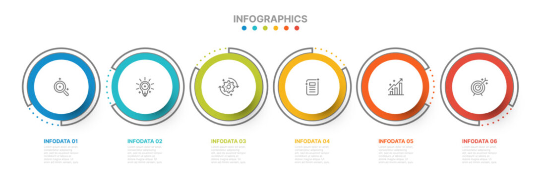 Presentation business infographic template with 6 options, linear, marketing icons. Vector illustration. Can be used for workflow layout, diagram, annual report, chart, web design. 