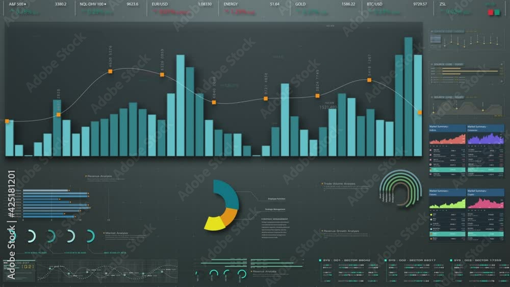Poster business stock market, trading, info graphic with animated graphs, charts and data numbers insight a