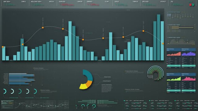 Business stock market, trading, info graphic with animated graphs, charts and data numbers insight analysis to be shown on monitor display screen for business meeting mock up theme