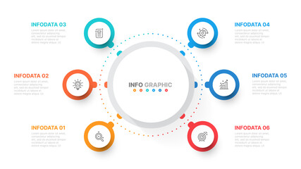 Business infographic template design with circle and icons process step with 6 options. Can be used for workflow diagram, presentation or web design. Vector illustration.