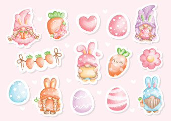 Watercolor Happy Easter day Stickers with cute gnome and Easter's Elements, Vector illustration. 