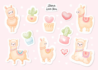 Llama love you sticker, Cute lama and cactus pot. Watercolor Vector illustration © ChonnieArtwork 