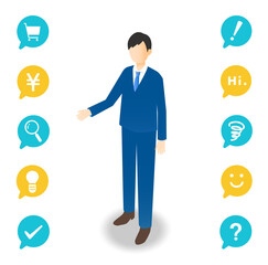 アイソメトリックイラスト 片手を広げるビジネスマン 吹き出しアイコン付き