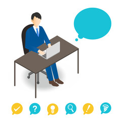 アイソメトリックイラスト ビジネスマンのデスクワーク姿 アイコン吹き出し付き