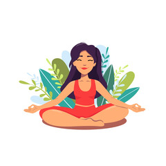 Woman meditating in the Lotus position and saying Om. Woman practising the guided meditation. Modern flat illustration on yoga topic. Woman practise meditation
