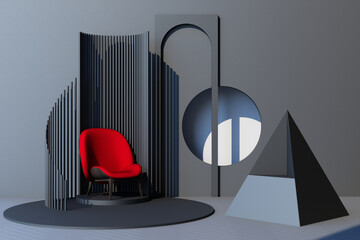 Mock up gray abstract studio fashion minimal geometric shape trend with red armchair on podium platform. 3d rendering