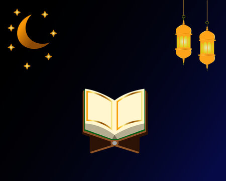 A vector of Al-Quran with moon, star and light lantern. Template for islamic wish.