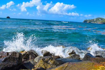 Waves Crashing against rocks of the beautiful island of saint lucia