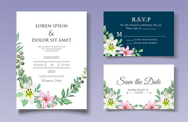 Fototapeta na wymiar Watercolor Floral Wedding Invitation Card Set