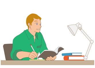 本で調べながら勉強する白人男性