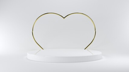 Shiny Pink Round Marble Pedestal Podium With Gold Heart. Valentine Abstract High Quality 3d Concept Illuminated Pedestal By Spotlights On Blue Background. Vector Illustration. EPS 10.
