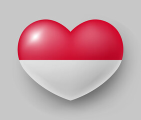 Heart shaped glossy national flag of Monaco. European country national flag button, Symbol of Monaco in patriotic colors realistic vector illustration on gray background