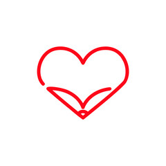Book and heart outline symbol on white backdrop. Loving books concept