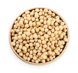 Soya beans in wooden bowl isolated on white, top view