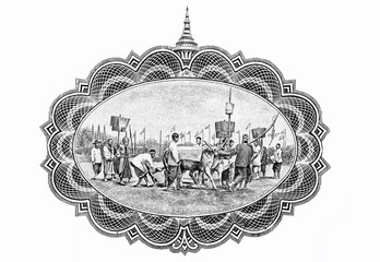 Royal Ploughing Ceremony or The Ploughing Festival. Portrait from Thailand 1 Baht 1925-1933...