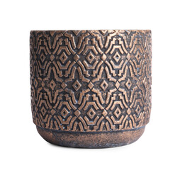 Stylish ceramic flowerpot with beautiful pattern isolated on white