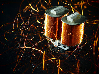 Electricity transformer with unwound copper winding on black background