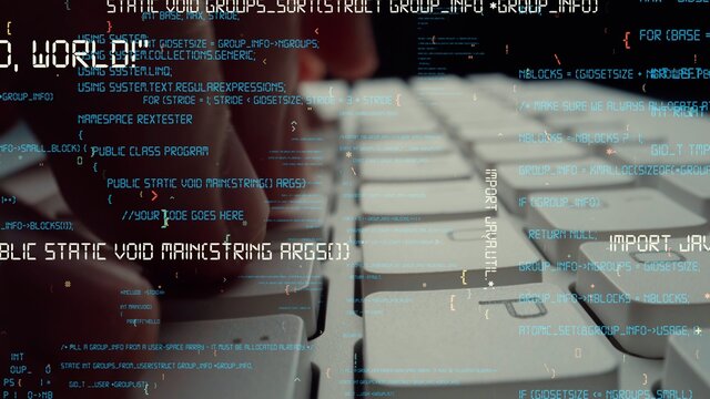 Creative visual of computer programming coding and software development shown by man working on computer keyboard with overlay of computer graphic displaying abstract program codes and computer script