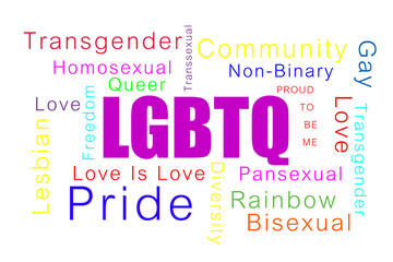 LGBTQ+ colorful text. Gender sexual diversity concept. On white background. Abstract illustration flat art.