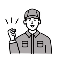 作業服　男性　若い　ガッツポーズ　いいね　ポップ　手描き
