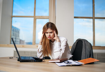 Woman secretary working desk laptop office professional communication
