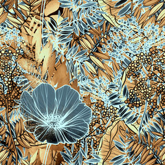 Imprints wild flowers and leaves vintage seamless pattern