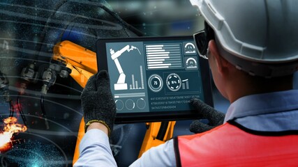 Smart industry robot arms modernization for innovative factory technology . Concept of automation...