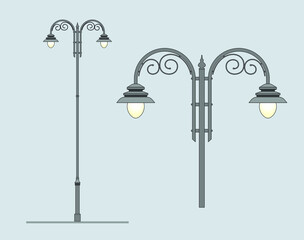 Classic street lamp. Outdoor lighting of the city. Street light. Design of parks and squares. Garden lamps. Classic architecture. Wrought iron. Luxury landscape design. Lamp post. Sketch. Vintage.	